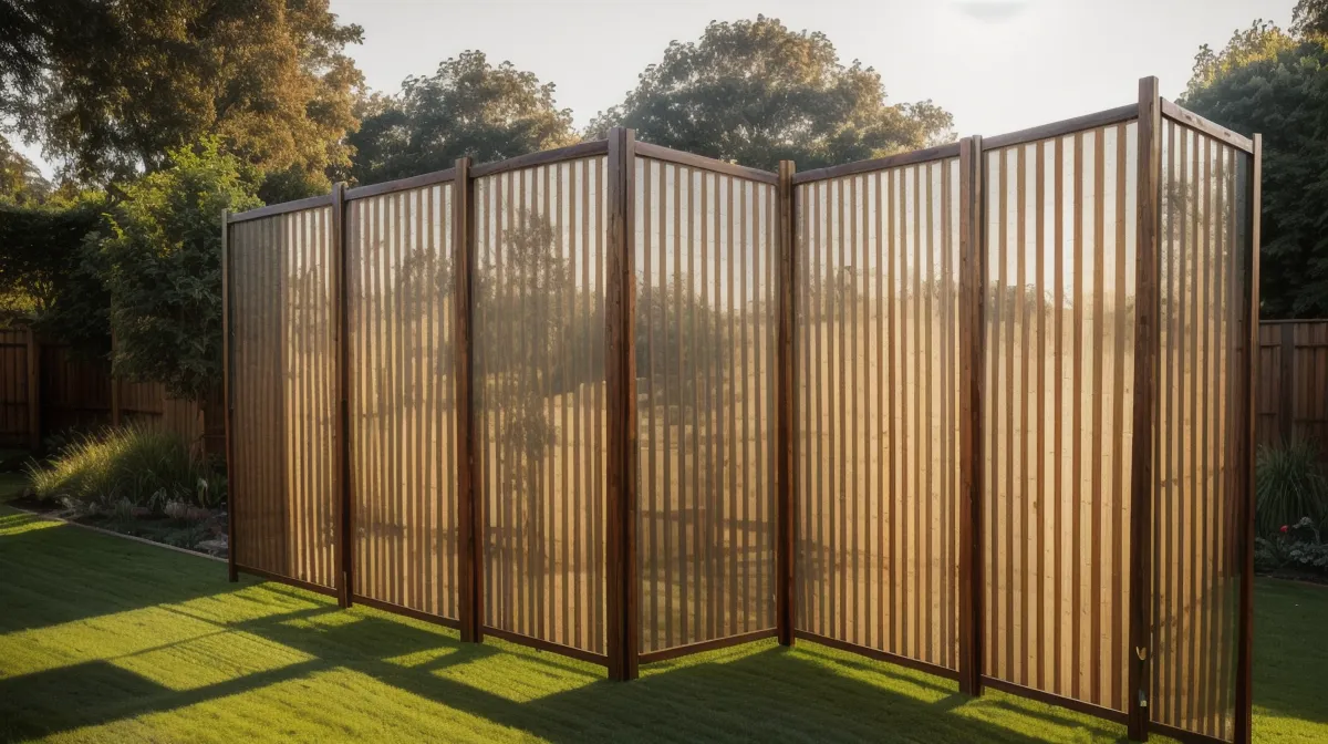 Louvered cedar privacy screen built beside a back porch to block sightlines without stopping the breeze