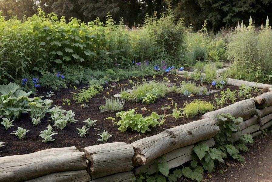 Hugelkultur log base inside a homestead-planning raised garden bed for better backyard drainage