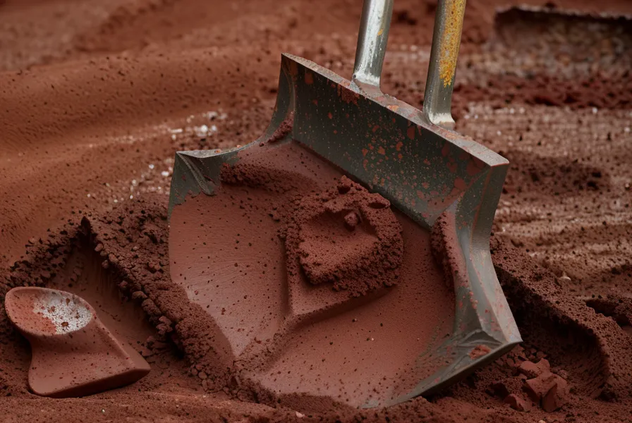 Shovel digging through red Piedmont clay while grading soil away from a foundation for better drainage
