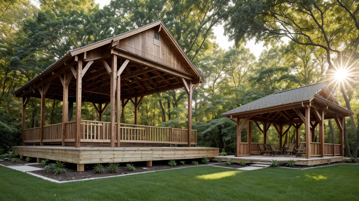 How to Install String Light Poles for Outdoor Backyard Entertaining: wooden outdoor lighting posts in a backyard