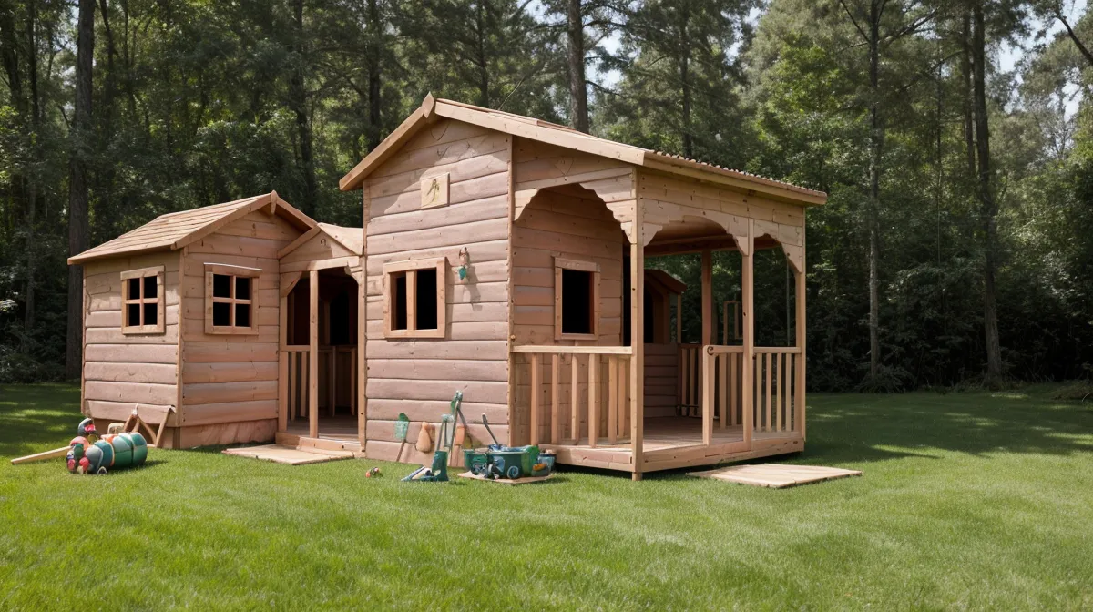 Finished DIY backyard playhouse built from simple woodworking plans, sitting on pressure-treated skids in a North Carolina yard