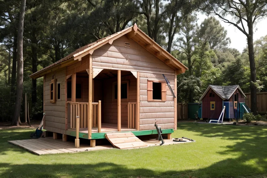 Interior view of the roof rafters and ridge beam framed for this DIY backyard playhouse