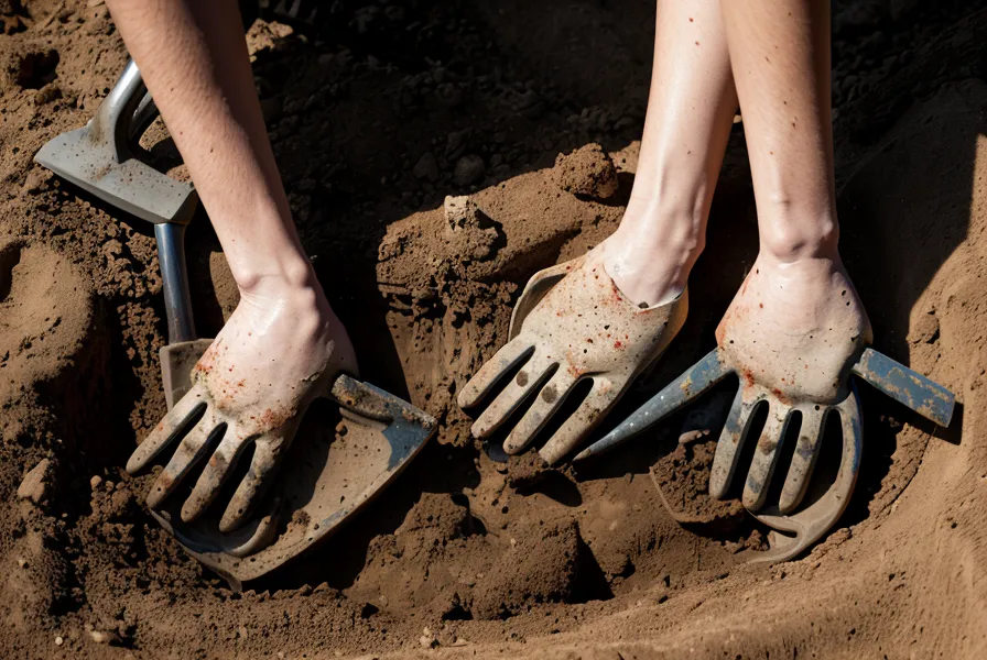 Shovel striking a buried rock in North Carolina red clay while trenching for landscape lighting