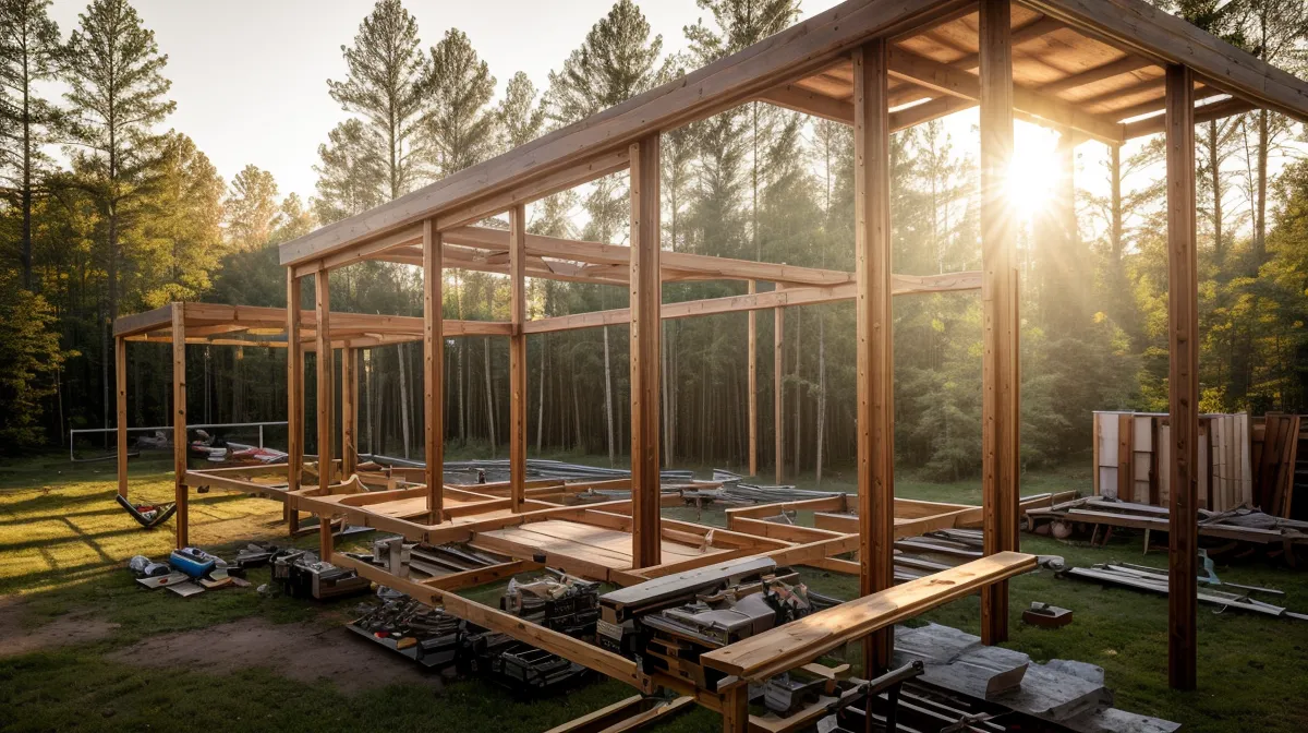 Backyard lumber budgeting for a DIY build — stacked boards and a cut list on a rural North Carolina lot