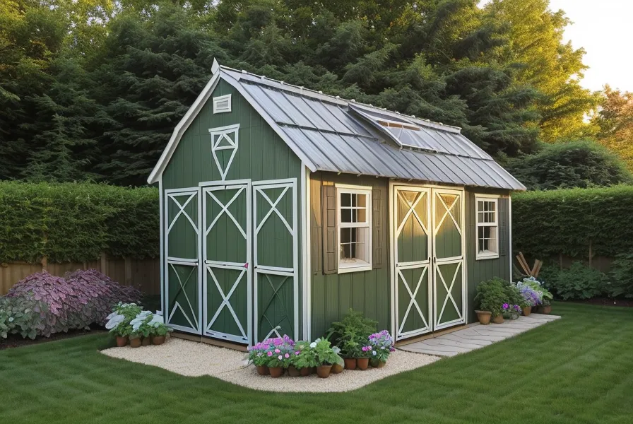 Completed DIY backyard shed with gambrel roof and fresh trim paint, built from My Shed Plans for extra outdoor storage