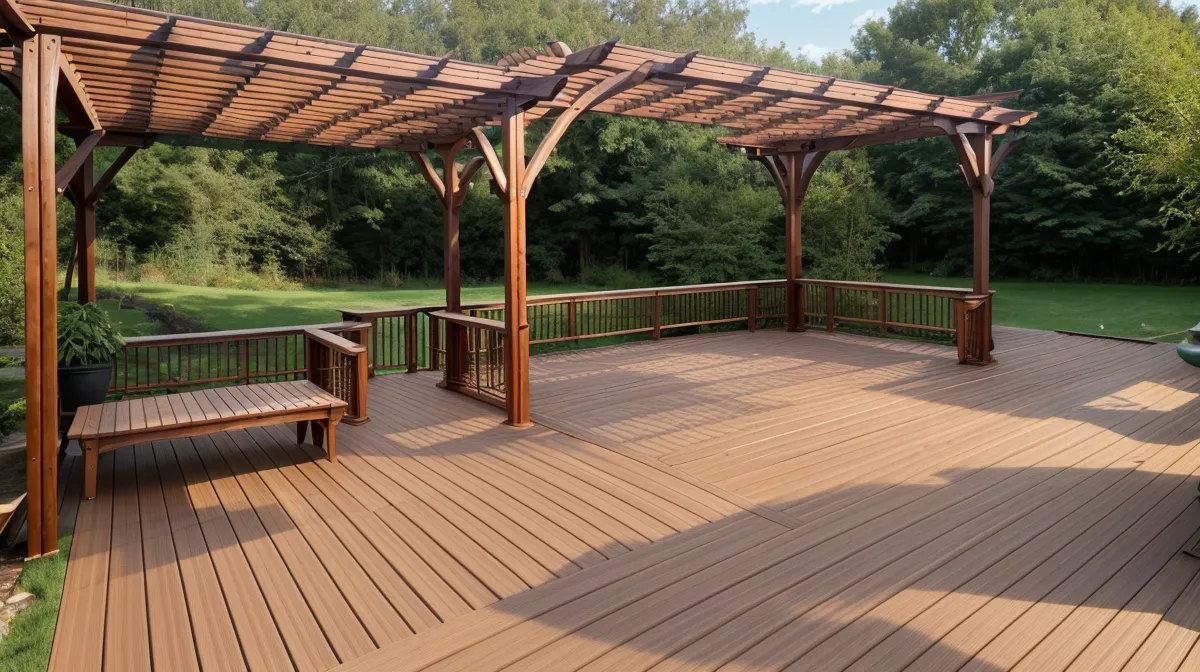 Stained deck boards and weathered cedar trim side by side, comparing backyard wood treatment options in a North Carolina yard