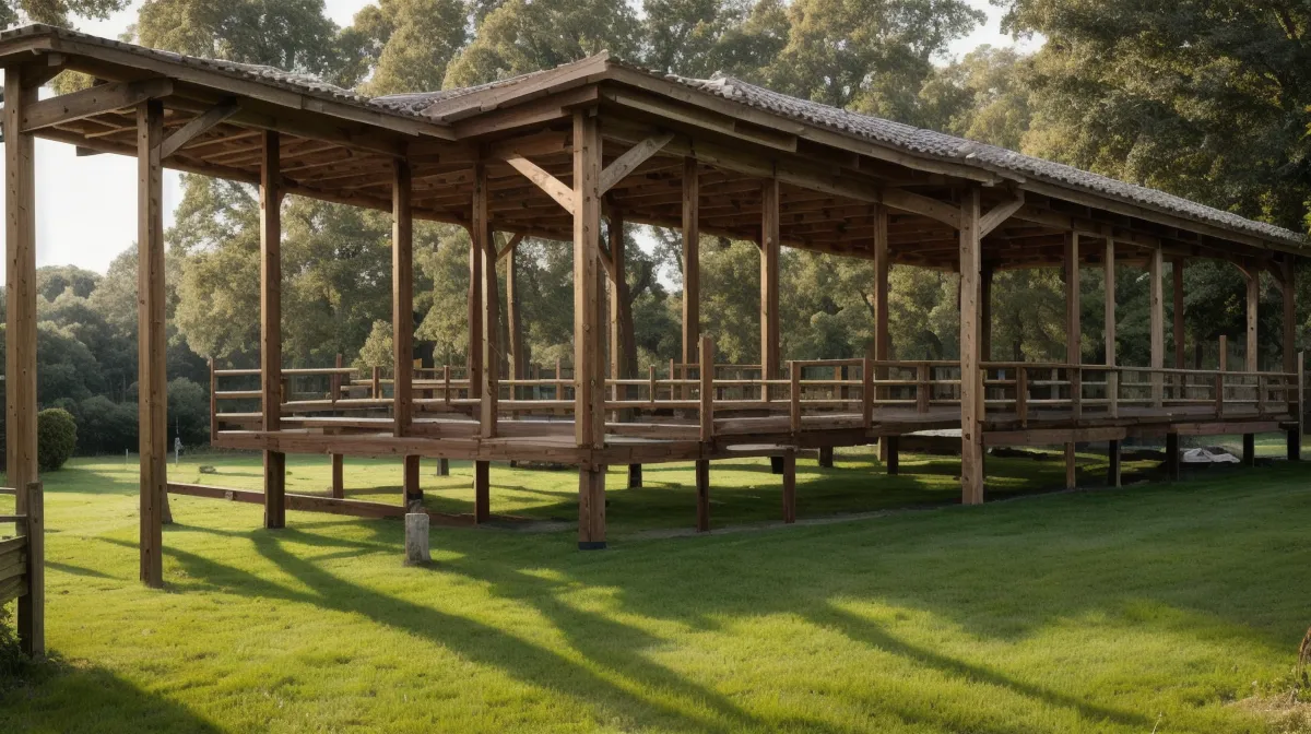 Backyard planning layout on a half-acre rural North Carolina lot with staked and strung building sites