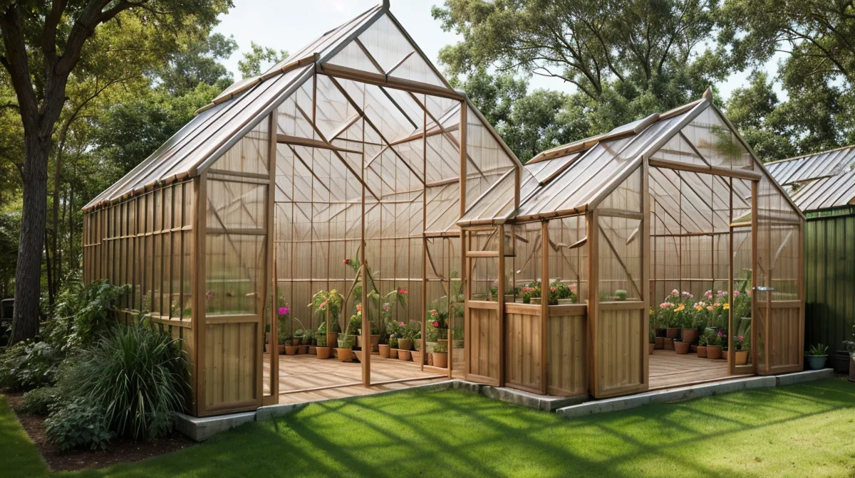 DIY greenhouse build backyard construction project - framing lumber and polycarbonate panels staged before assembly