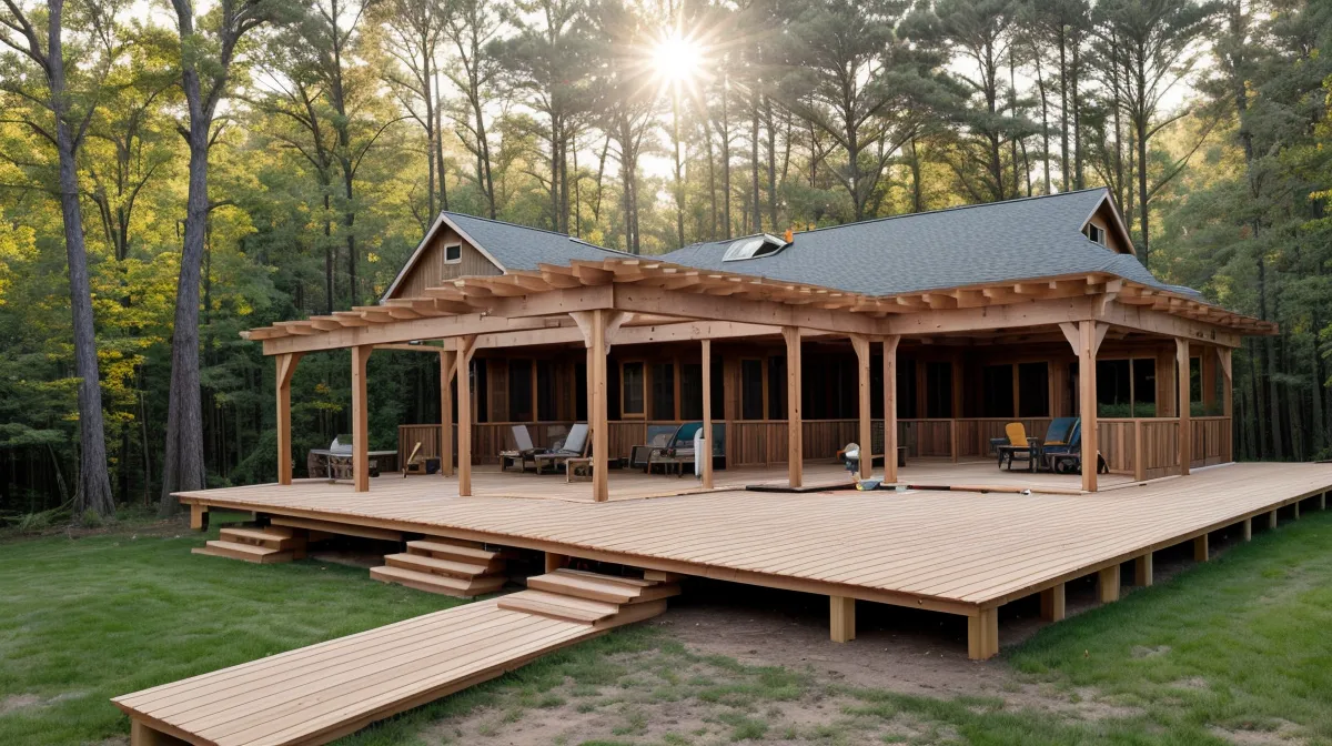 Raised backyard deck under construction with pressure-treated lumber framing, our DIY deck build in North Carolina