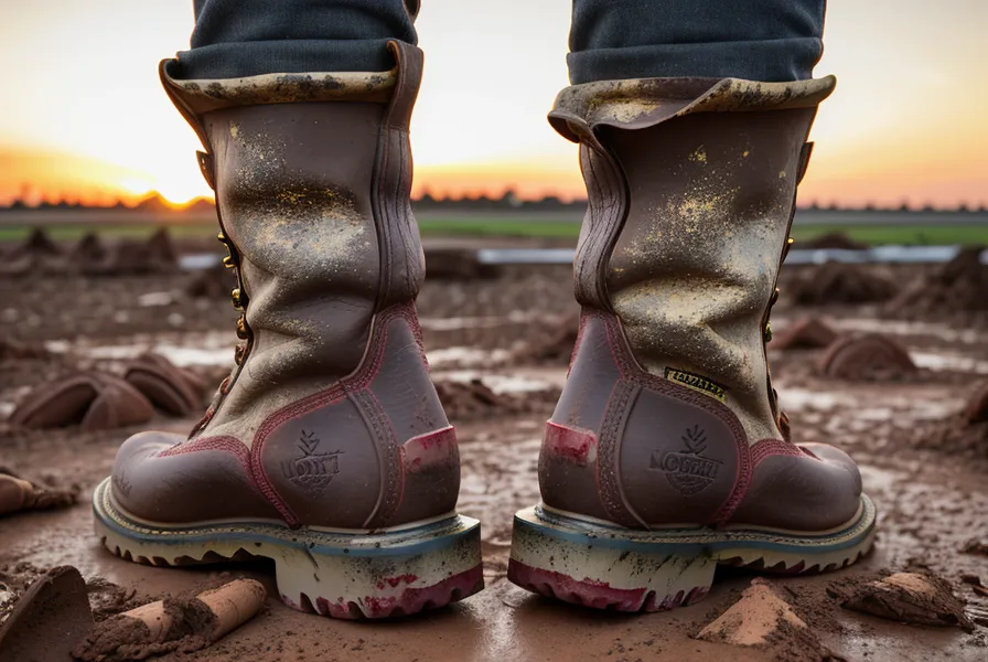 Red clay-covered work boots beside backyard DIY building materials for the chicken coop build