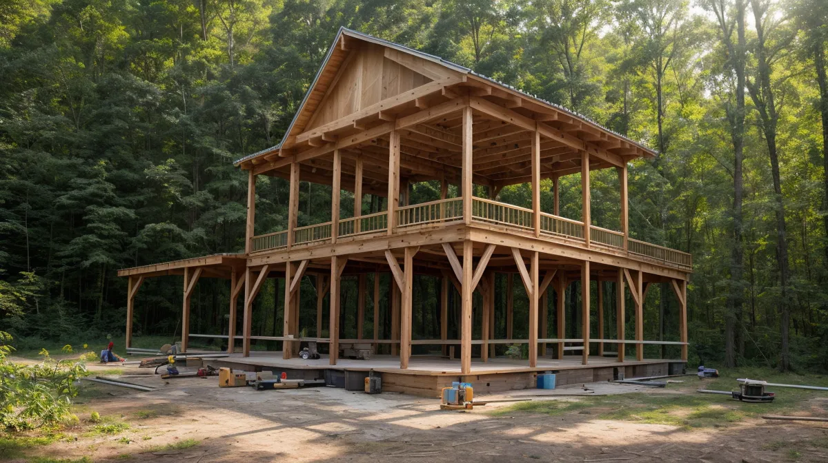 Outdoor building tools for backyard construction laid out before a rural DIY workshop build