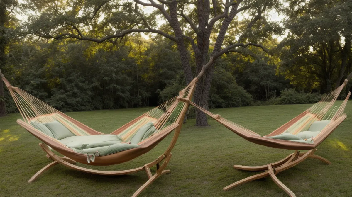 DIY wood hammock stand built from pressure-treated 4x4 posts using real woodworking plans in a North Carolina backyard