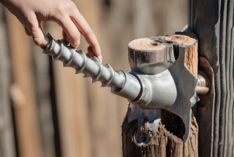 Lag bolt driven into a pressure-treated 4x4 post during a DIY backyard hammock stand build