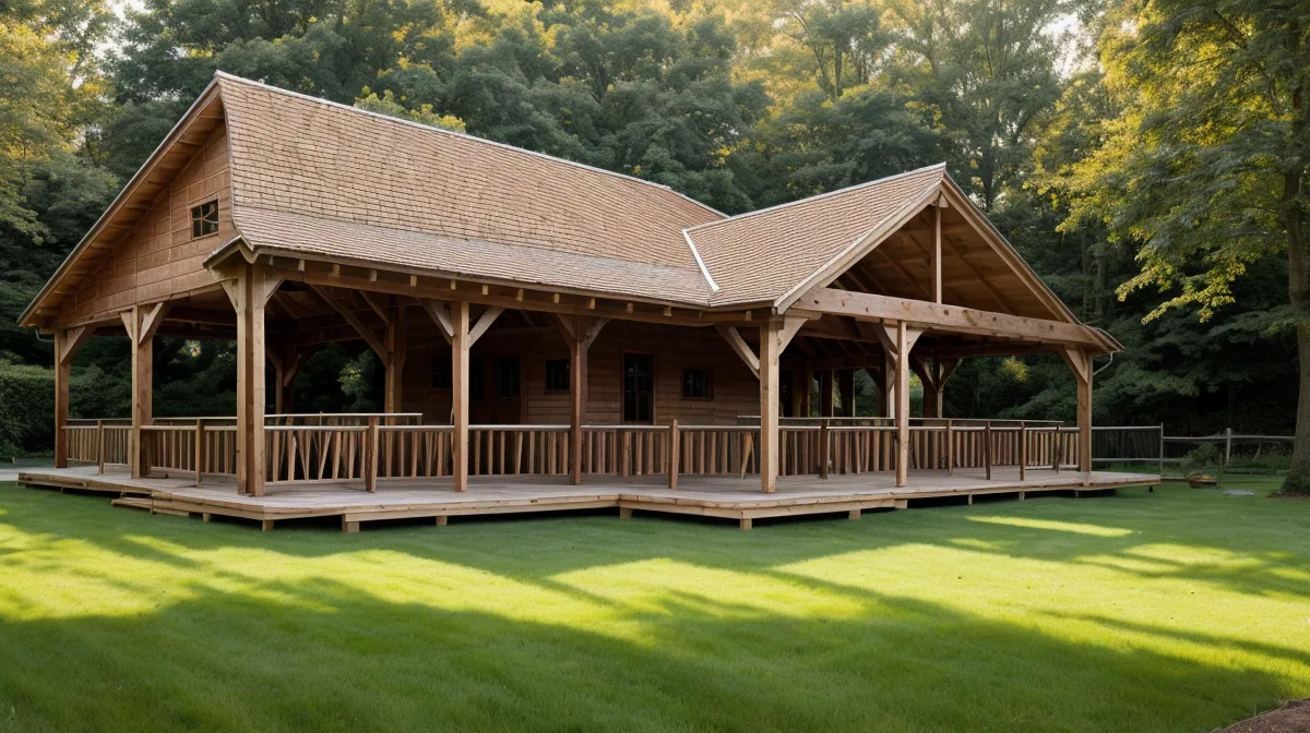 Woodworking plans spread out beside cut lumber during a backyard outdoor building project