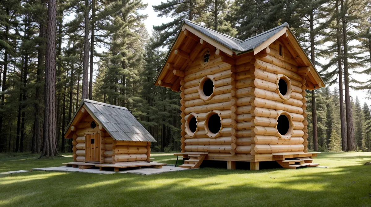 Backyard DIY dog house built from professional woodworking plans in a rural North Carolina yard