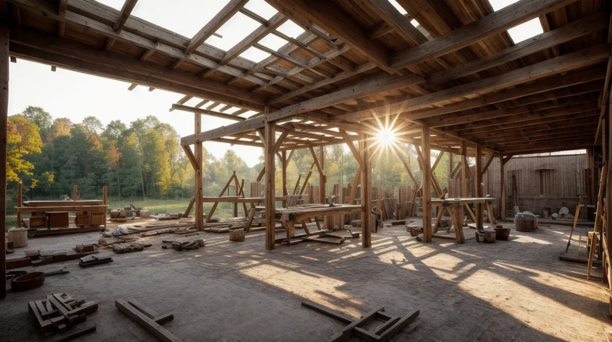 Backyard DIY workshop framed with OSB sheathing standing exposed before a North Carolina winter — wood preservation and winter prep outdoor construction in progress